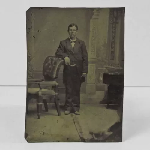 Antique Tintype Photo Man Standing Arm on Chair Back: Front