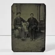 Antique Tintype Photo Two Men Wearing Bowler Hats Sitting: Front