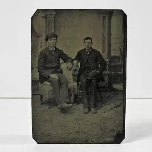 Antique Tintype Photo Two Men Wearing Bowler Hats Sitting: Front