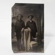 Antique Tintype Photo Two Men Standing Wearing Big Hats: Front