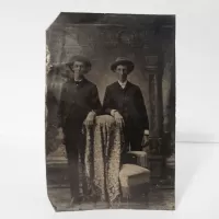 Antique Tintype Photo Two Men Standing Wearing Big Hats: Front - Click to enlarge