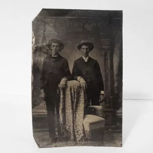 Antique Tintype Photo Two Men Standing Wearing Big Hats: Front