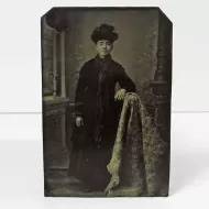 Antique Tintype Photo Woman Standing Wearing a Fancy Hat: Front