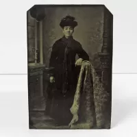Antique Tintype Photo Woman Standing Wearing a Fancy Hat: Front - Click to enlarge