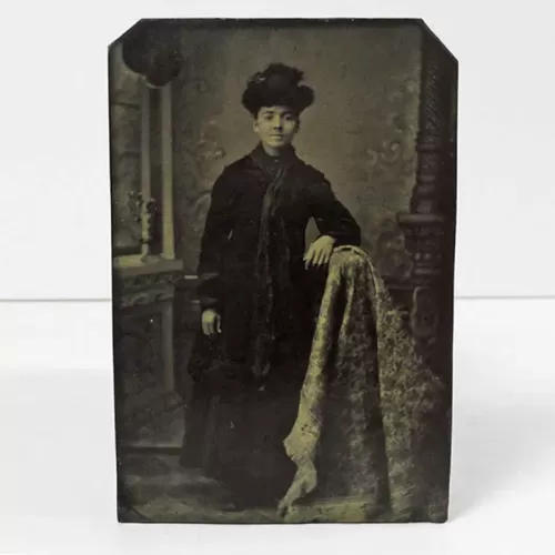 Antique Tintype Photo Woman Standing Wearing a Fancy Hat: Front