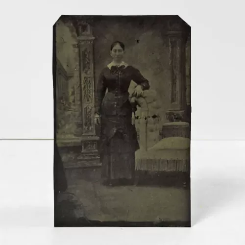 Antique Tintype Photo Woman with Arm on a Highback Chair: Front
