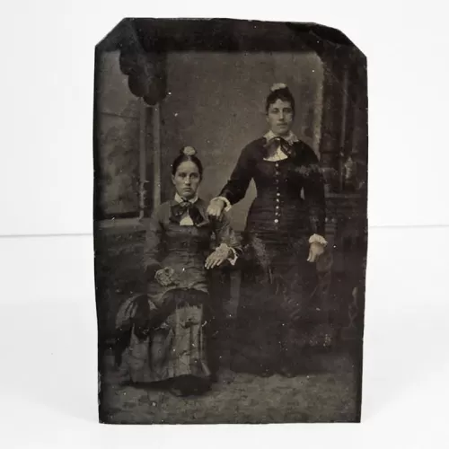 Antique Tintype Photo Two Women Standing and Sitting: Front